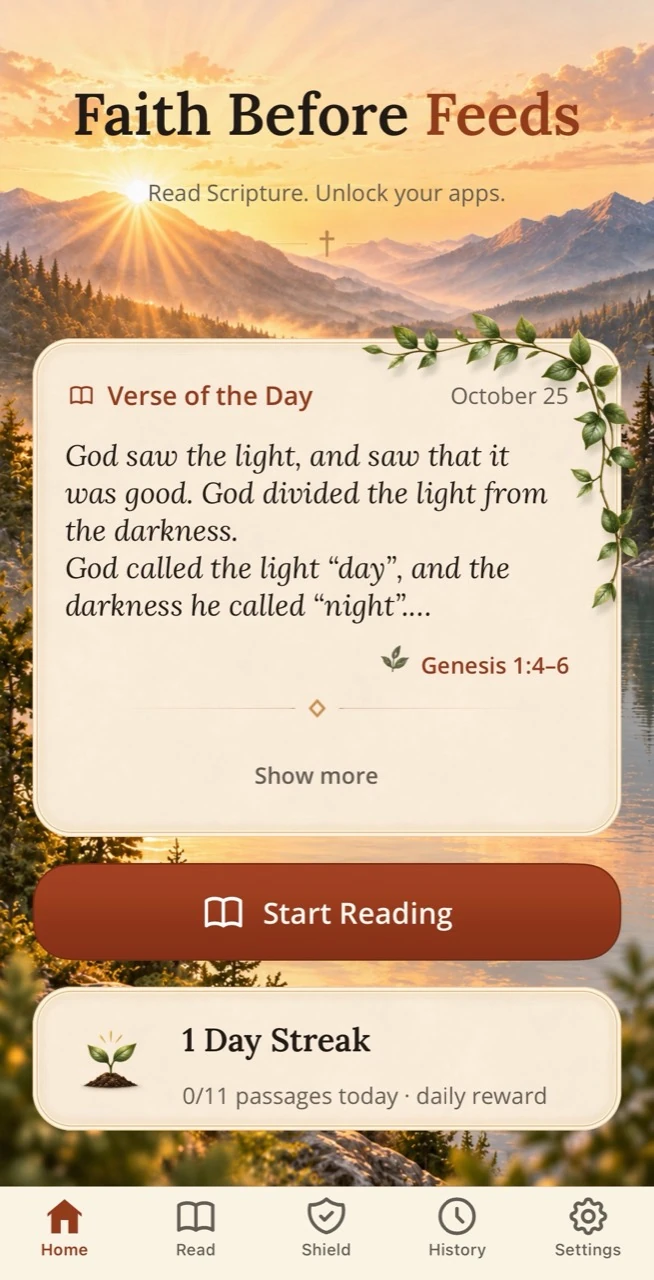 Faith Before Feeds Home screen with the verse of the day, Start Reading and daily reading progress