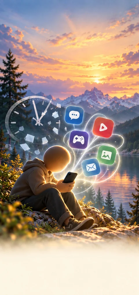 Illustrated person scrolling on a phone, with app symbols and a clock above them