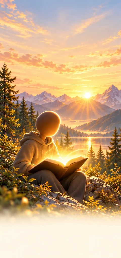 Illustrated person reading an open Bible beside a sunlit mountain lake
