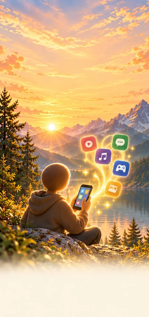 Illustrated person returning to their phone after reading, with glowing app symbols